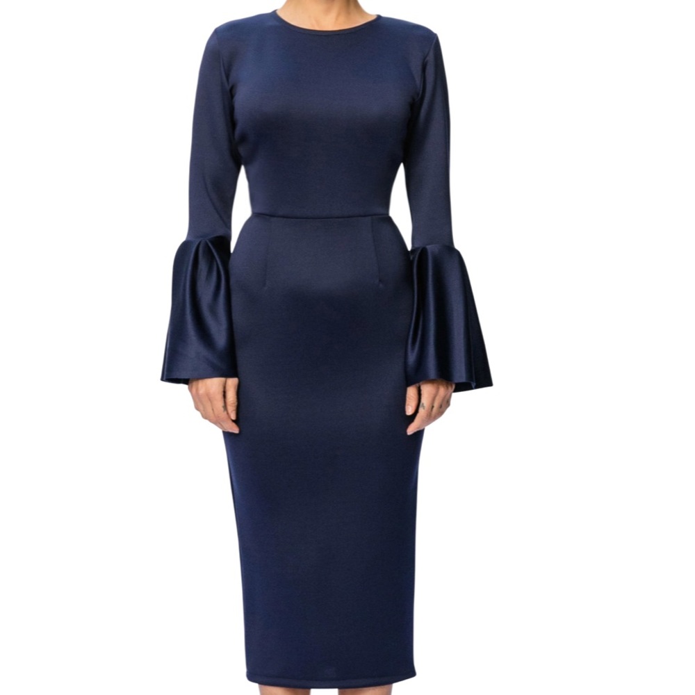 FKSP Navy Blue Midi Dress with Frill Sleeves